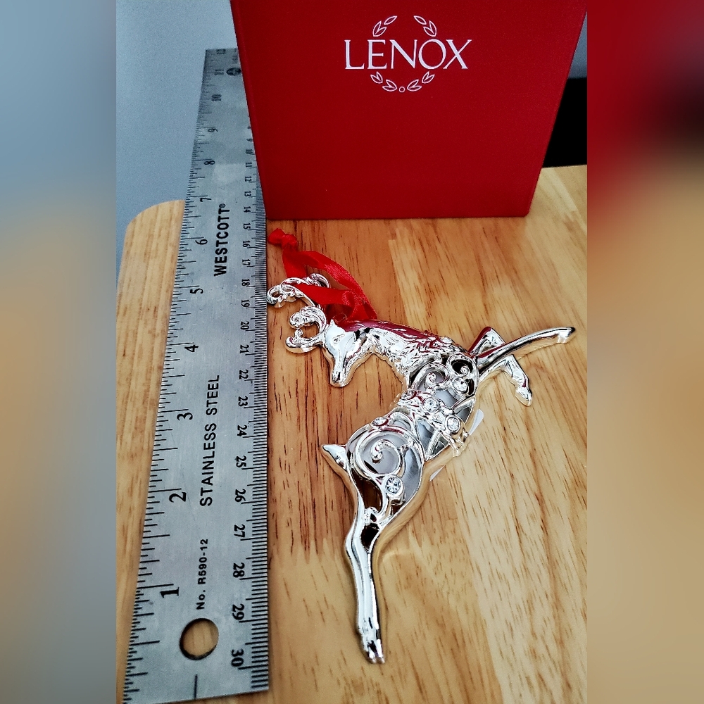 Lenox Sparkle And Scroll Multi-Crystal Reindeer Silverplate Ornament New in Box.